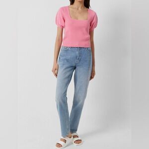 French Connection Jaida Top Short Sleeve Ribbed Knit in Pink - Size L
